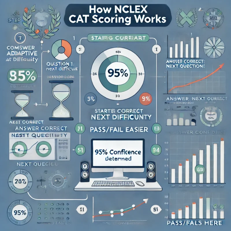 Diagram showing how CAT scoring adapts to test-taker performance, how many questioins are on the nclex?