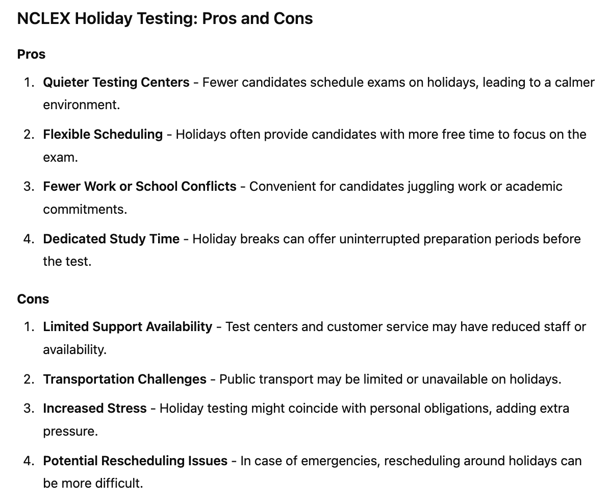 NCLEX holiday testing pros and cons for nursing candidates, is nclex offered on holidays, Can you take NCLEX on holidays