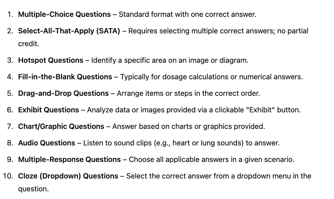 Illustration showing various NCLEX question formats, NCLEX RN content breakdown, NCLEX test topics, NCLEX exam subject areas