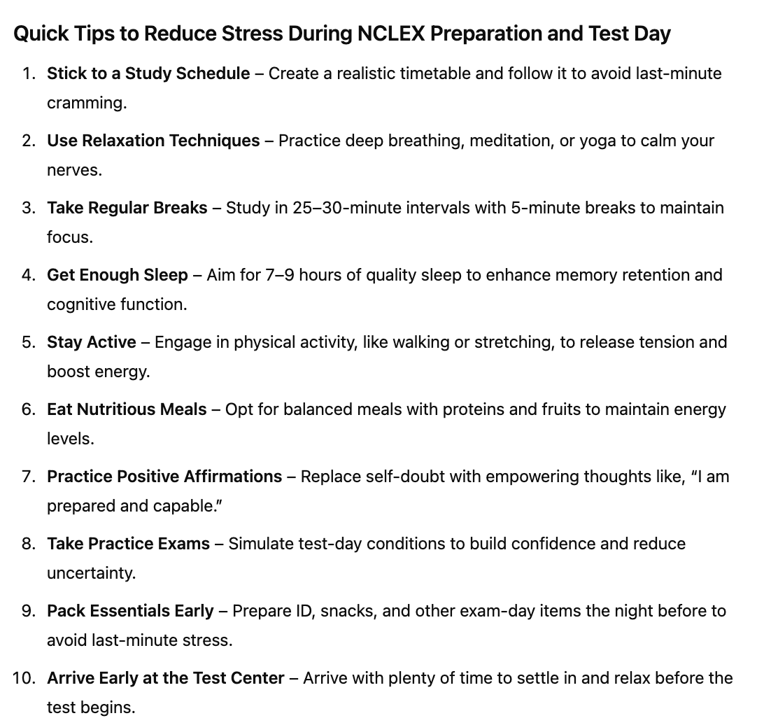 Quick tips to reduce Stress during NCLEX preparation and test day, what is on the nclex exam, what is in the nclex rn, NCLEX RN content breakdown,